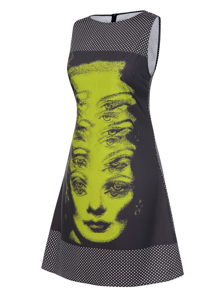 [Pre-Sale] Black 1960s Face Print Polka Dot Dress