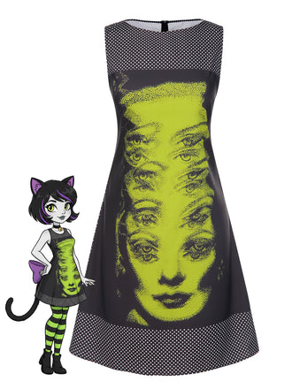 Black 1960s Face Print Polka Dot Dress