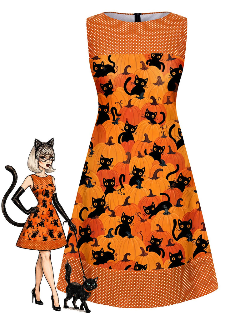 [Pre-Sale] Orange 1960s Cat & Pumpkin Print Polka Dot A-Line Dress