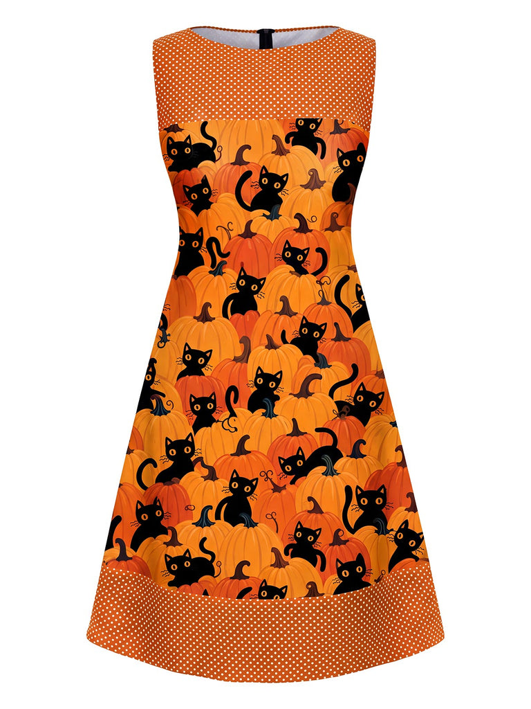 [Pre-Sale] Orange 1960s Cat & Pumpkin Print Polka Dot A-Line Dress