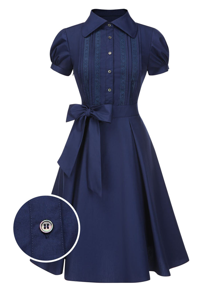 [Pre-Sale] Dark Blue 1940s Bow Lace Trim Belted Dress