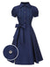 [Pre-Sale] Dark Blue 1940s Bow Lace Trim Belted Dress