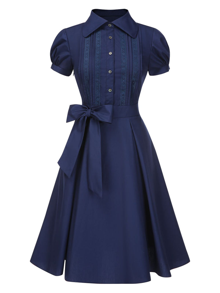 [Pre-Sale] Dark Blue 1940s Bow Lace Trim Belted Dress