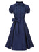 [Pre-Sale] Dark Blue 1940s Bow Lace Trim Belted Dress