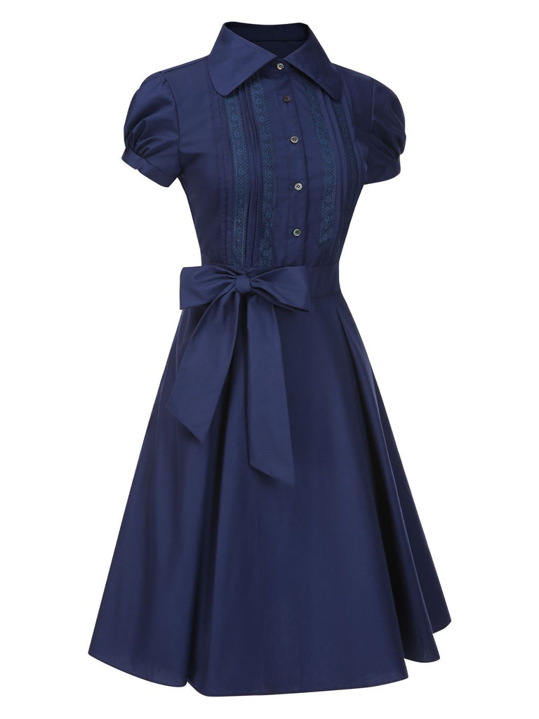 [Pre-Sale] Dark Blue 1940s Bow Lace Trim Belted Dress