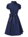 [Pre-Sale] Dark Blue 1940s Bow Lace Trim Belted Dress
