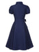 [Pre-Sale] Dark Blue 1940s Bow Lace Trim Belted Dress