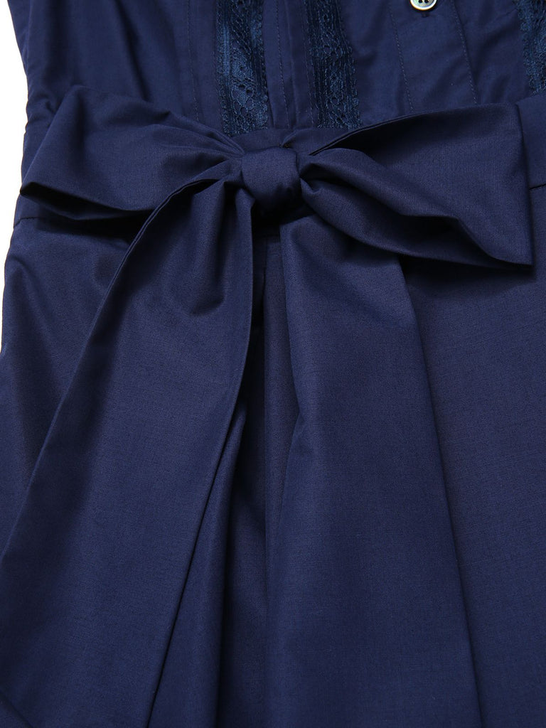 [Pre-Sale] Dark Blue 1940s Bow Lace Trim Belted Dress