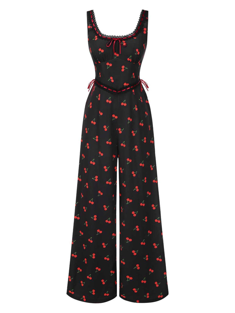 [Pre-Sale] 1940s Square Neck Lace Trim Cherry Bow Jumpsuit