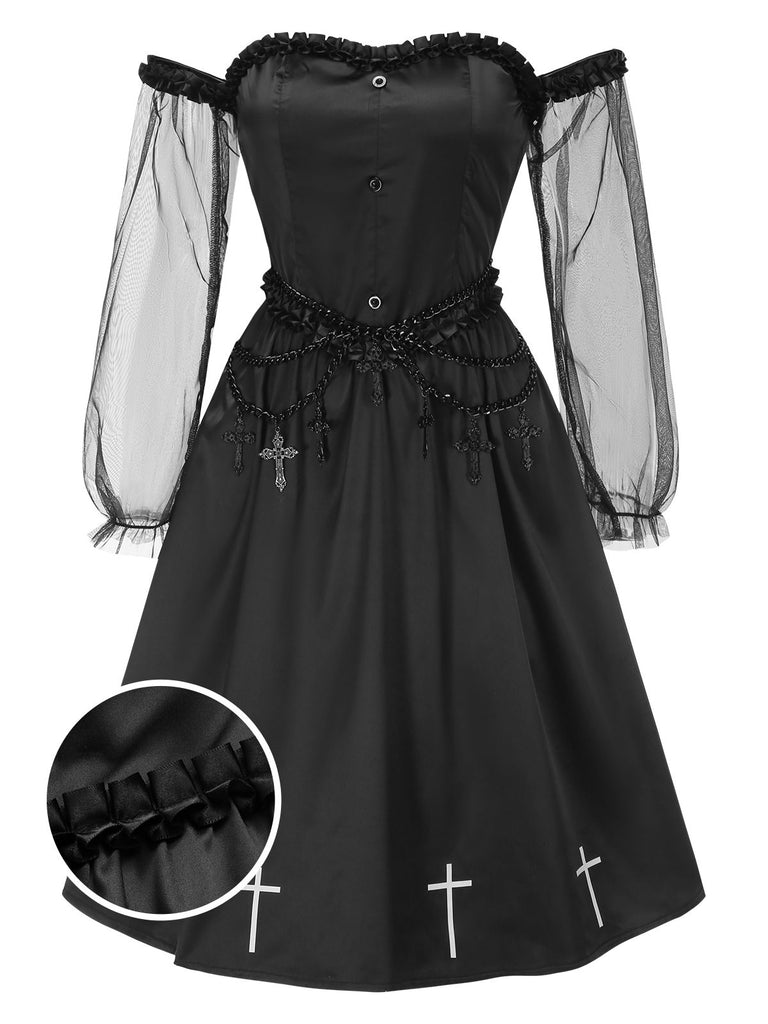 [Pre-Sale] Black 1950s Gothic Cross Ruffled Off-Shoulder Mesh Dress