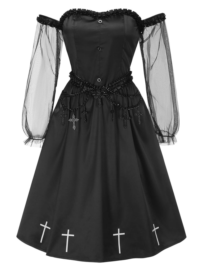 [Pre-Sale] Black 1950s Gothic Cross Ruffled Off-Shoulder Mesh Dress