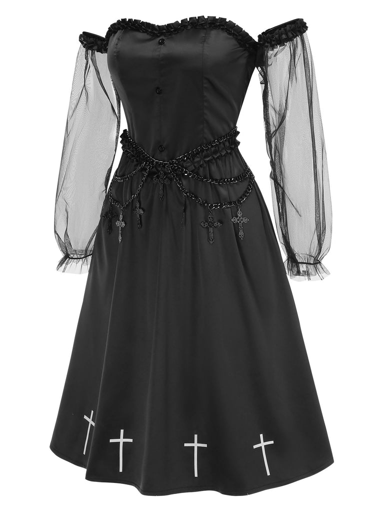 [Pre-Sale] Black 1950s Gothic Cross Ruffled Off-Shoulder Mesh Dress