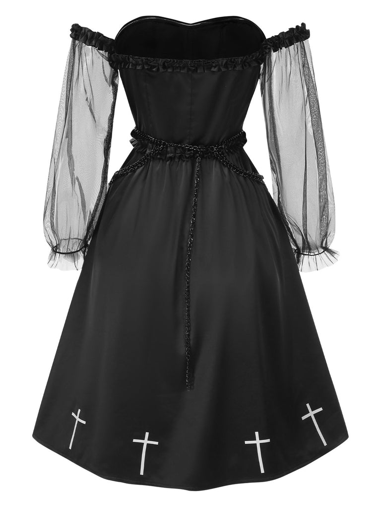 [Pre-Sale] Black 1950s Gothic Cross Ruffled Off-Shoulder Mesh Dress