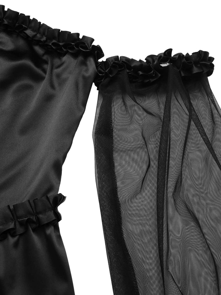 [Pre-Sale] Black 1950s Gothic Cross Ruffled Off-Shoulder Mesh Dress