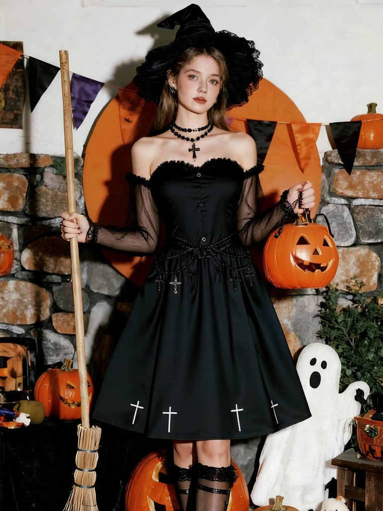 [Pre-Sale] Black 1950s Gothic Cross Ruffled Off-Shoulder Mesh Dress