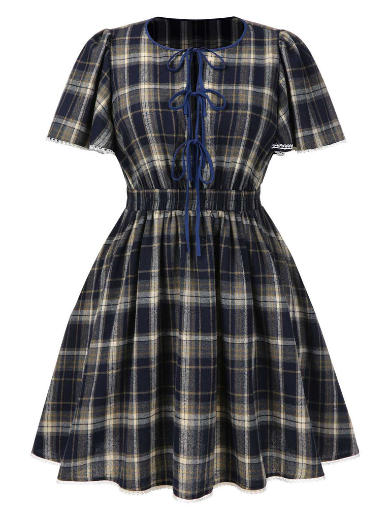 [Pre-Sale] [Plus Size] Blue 1940s Plaid Tie-Front Dress