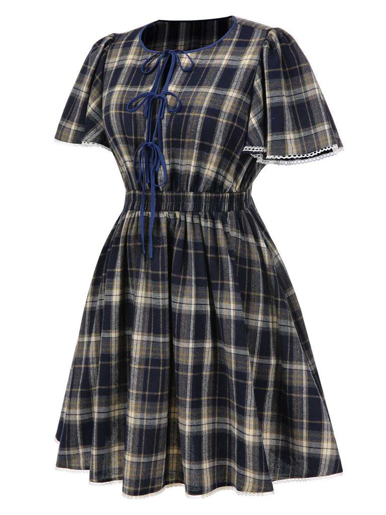 [Pre-Sale] [Plus Size] Blue 1940s Plaid Tie-Front Dress