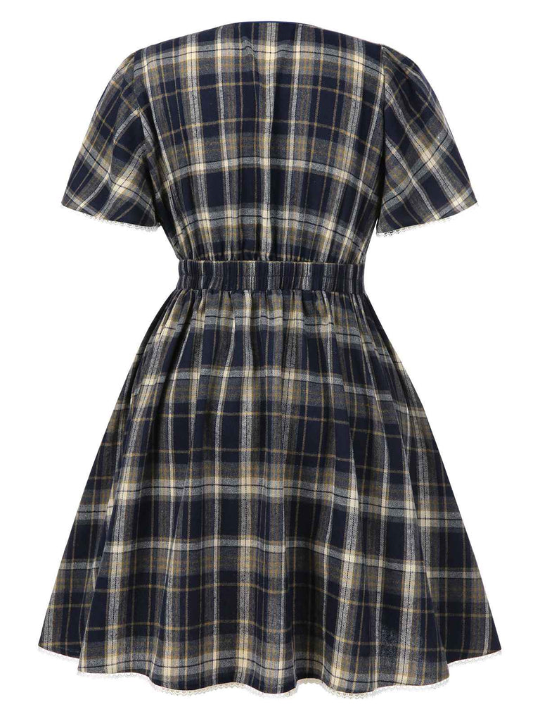 [Pre-Sale] [Plus Size] Blue 1940s Plaid Tie-Front Dress