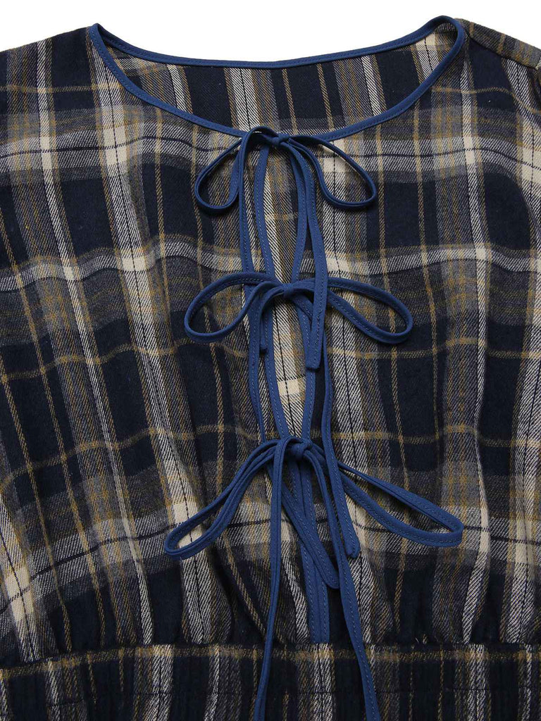 [Pre-Sale] [Plus Size] Blue 1940s Plaid Tie-Front Dress