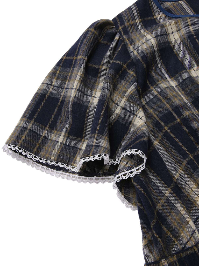 [Pre-Sale] [Plus Size] Blue 1940s Plaid Tie-Front Dress
