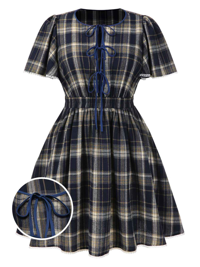 [Pre-Sale] [Plus Size] Blue 1940s Plaid Tie-Front Dress