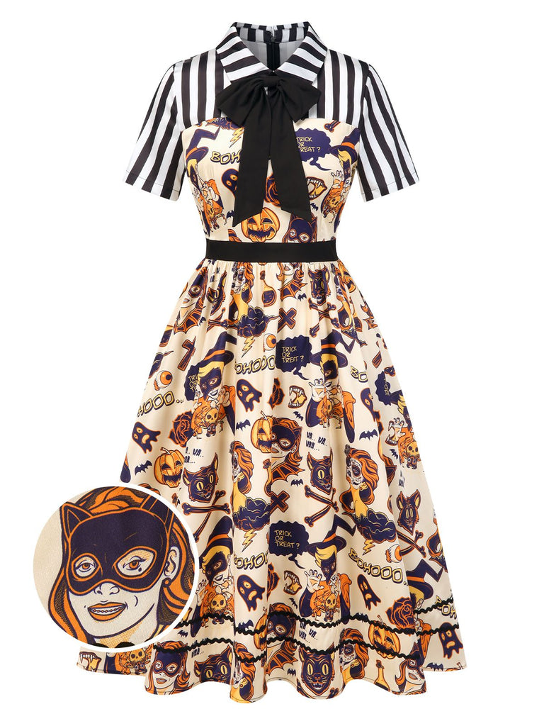 [Pre-Sale] 1950s Shirt Collar Striped Halloween Print Patchwork Dress
