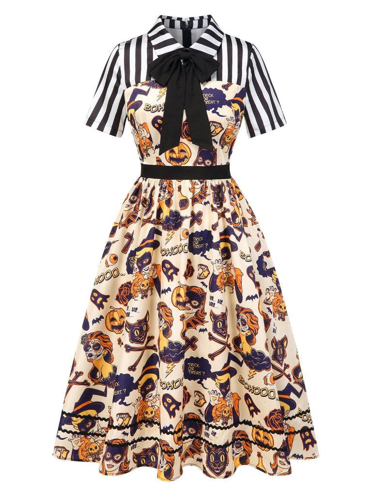 [Pre-Sale] 1950s Shirt Collar Striped Halloween Print Patchwork Dress