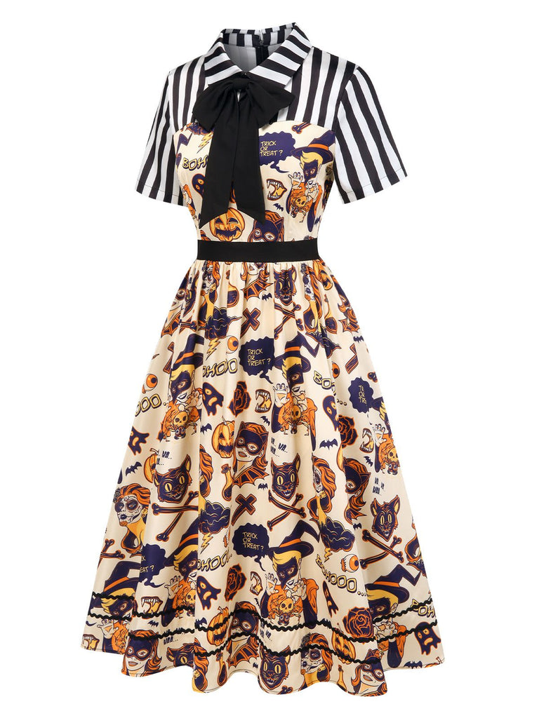[Pre-Sale] 1950s Shirt Collar Striped Halloween Print Patchwork Dress