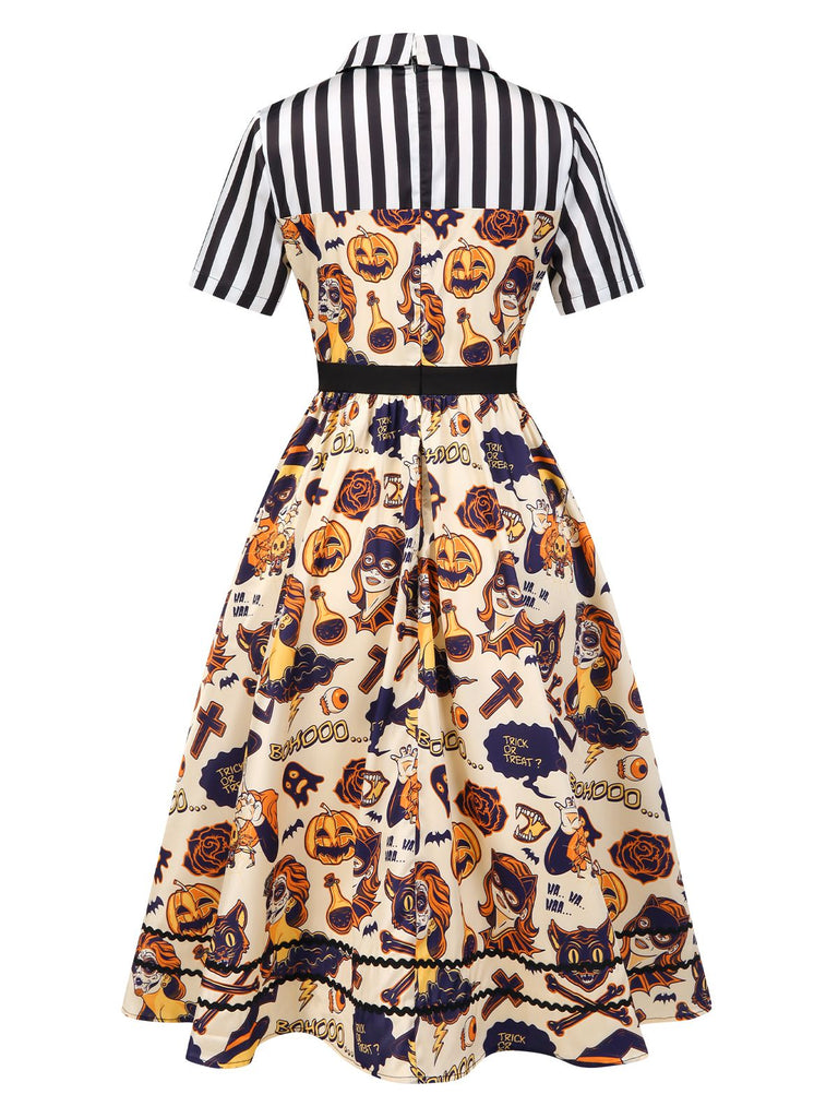[Pre-Sale] 1950s Shirt Collar Striped Halloween Print Patchwork Dress