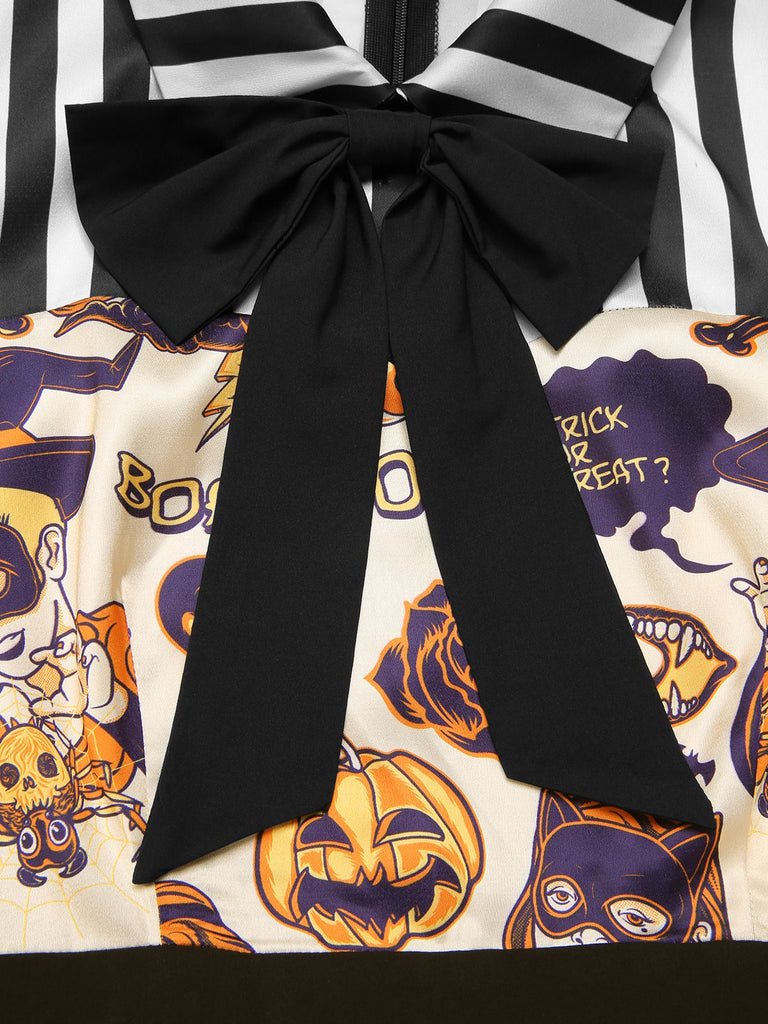 [Pre-Sale] 1950s Shirt Collar Striped Halloween Print Patchwork Dress