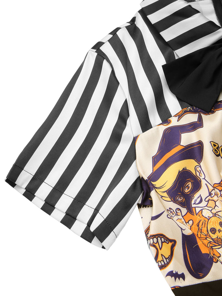 [Pre-Sale] 1950s Shirt Collar Striped Halloween Print Patchwork Dress