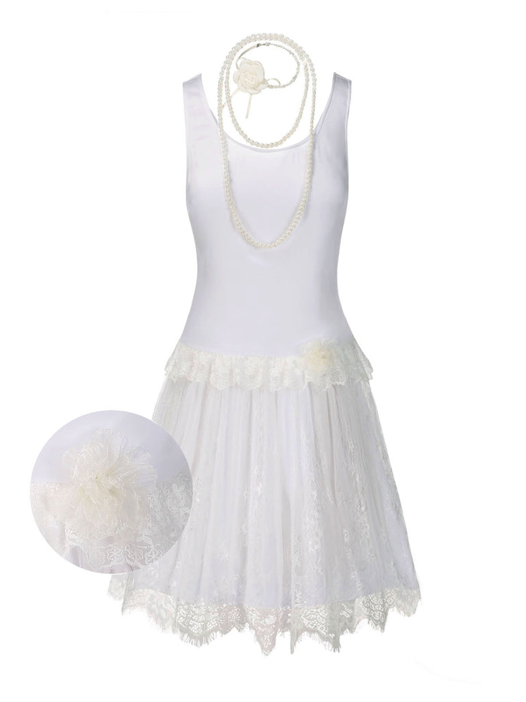 [Pre-Sale] White 1920s Lace Patchwork Dress With Rose Necklace