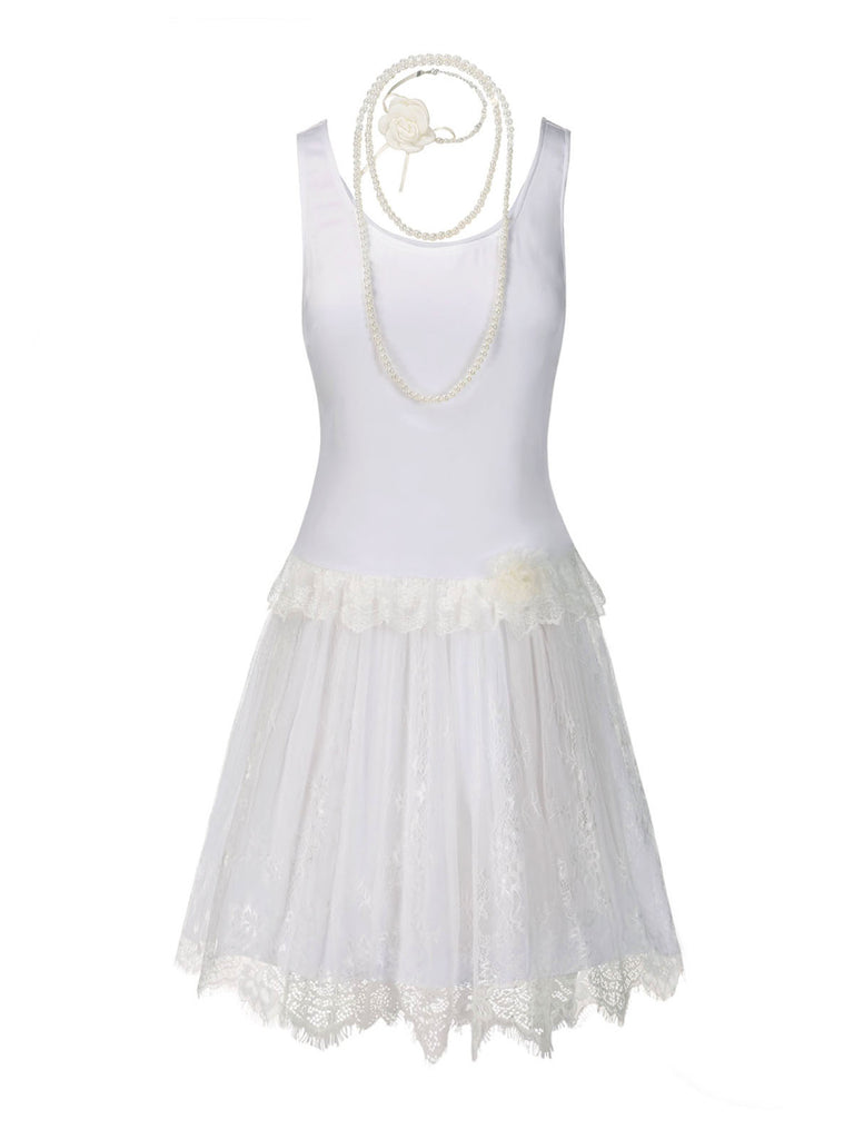 [Pre-Sale] White 1920s Lace Patchwork Dress With Rose Necklace