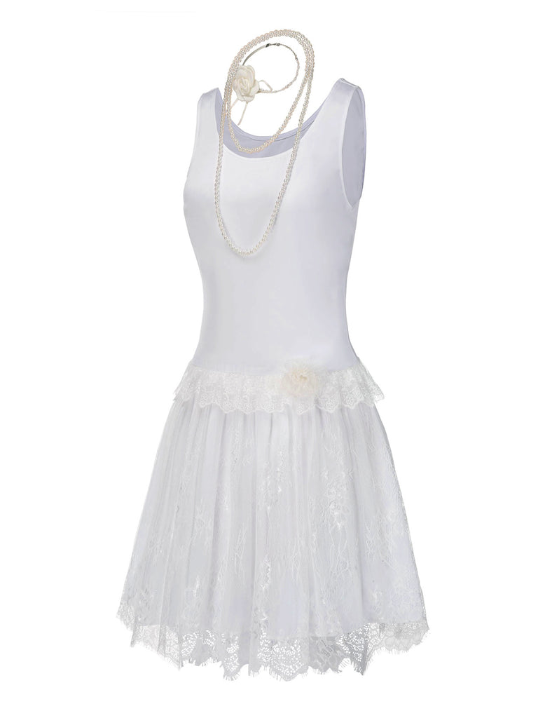 [Pre-Sale] White 1920s Lace Patchwork Dress With Rose Necklace