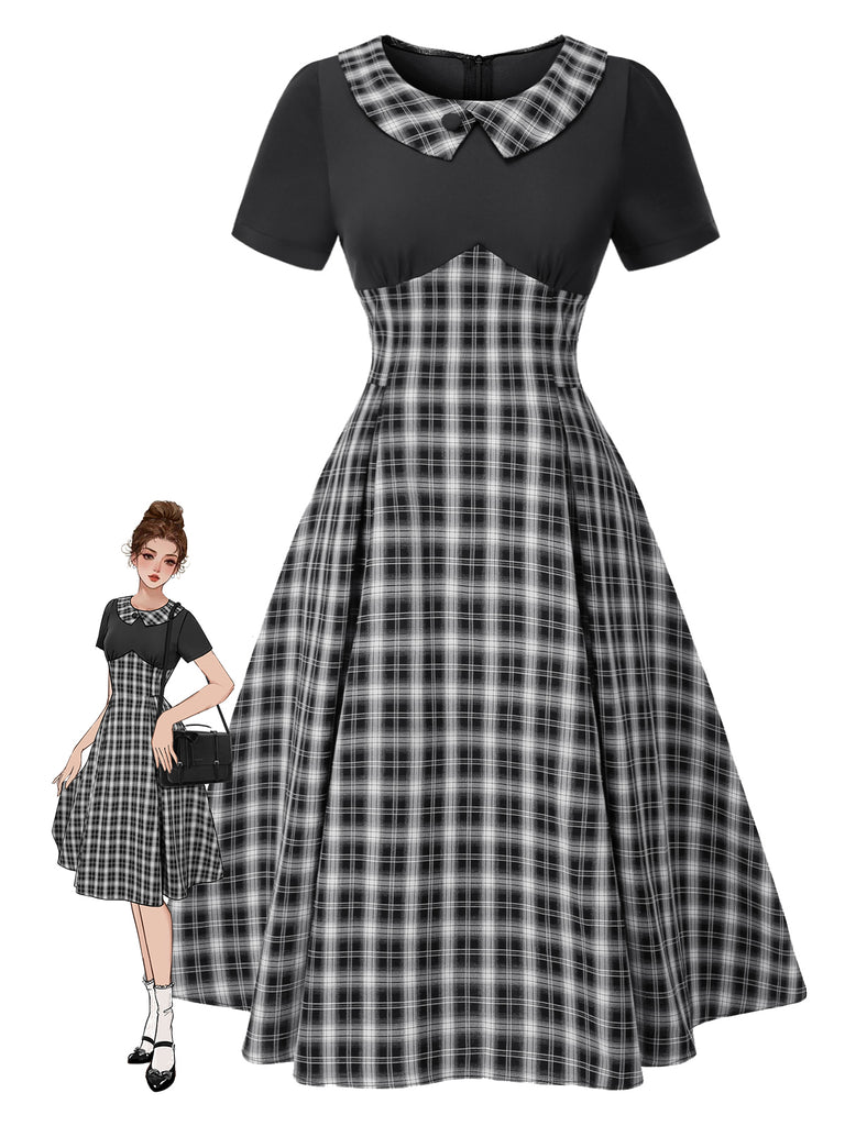 Black 1950s Lapel Pleated Plaid Patchwork Dress