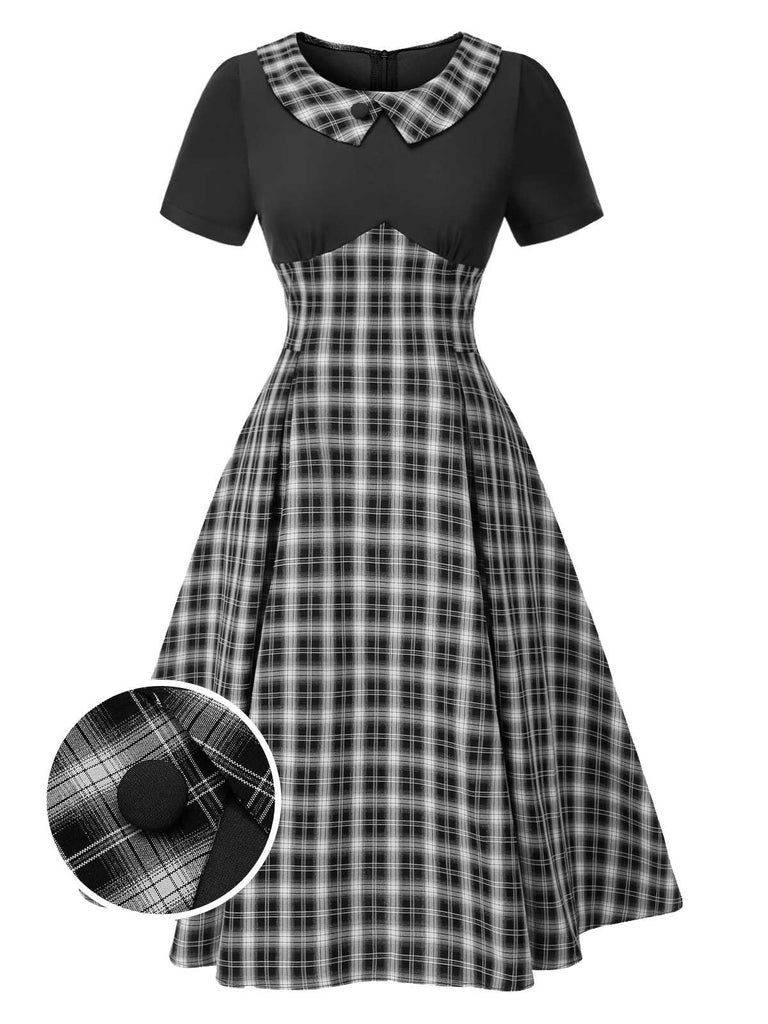 [Pre-Sale] Black 1950s Lapel Pleated Plaid Patchwork Dress