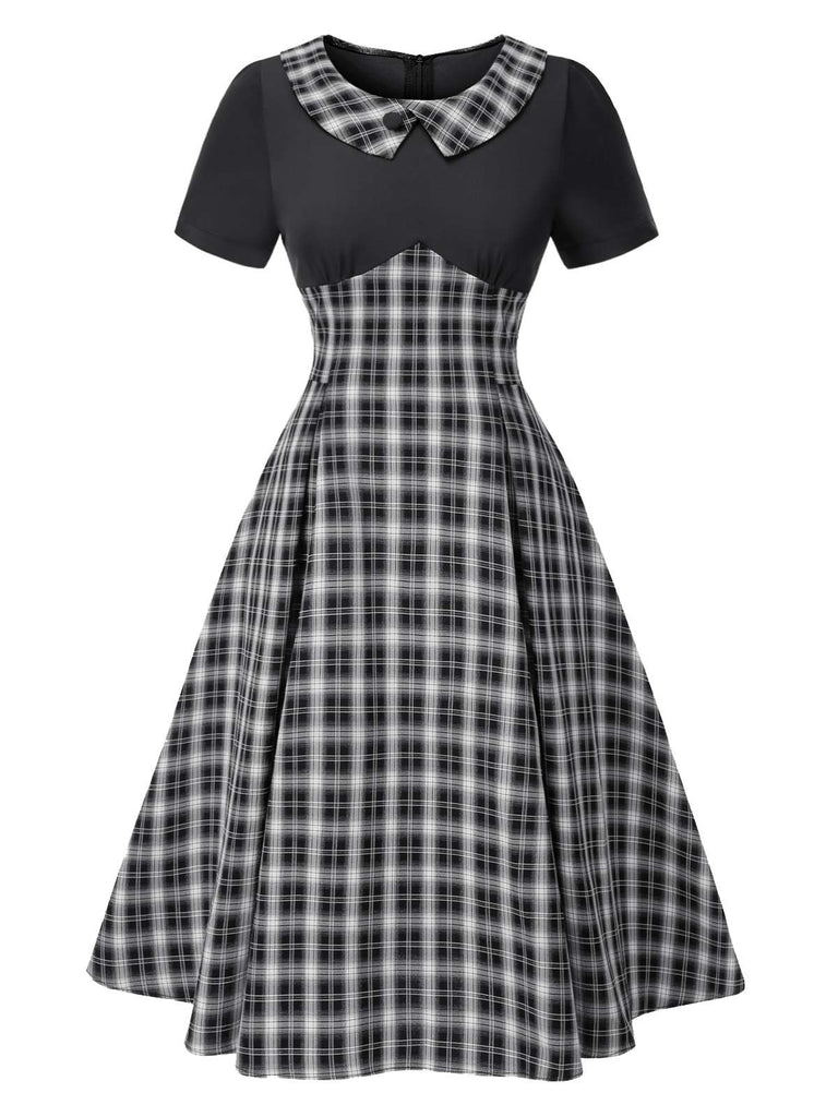 [Pre-Sale] Black 1950s Lapel Pleated Plaid Patchwork Dress