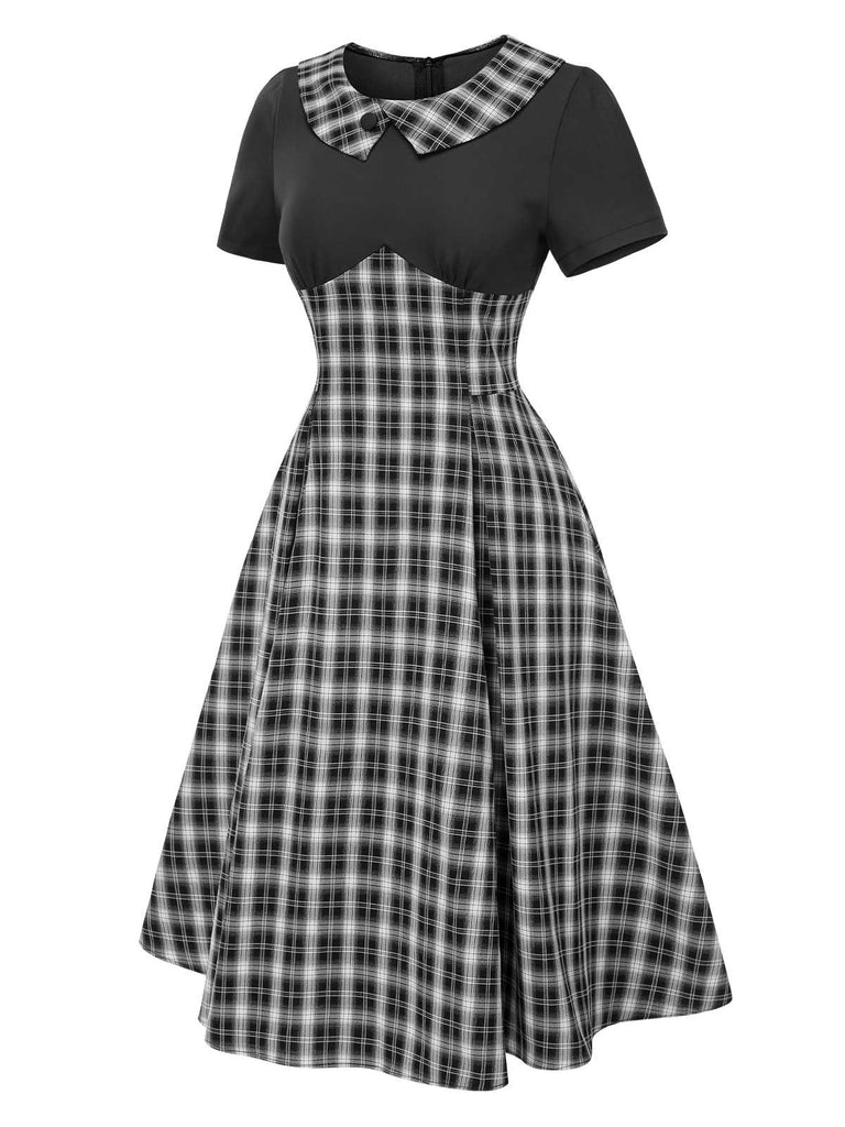 [Pre-Sale] Black 1950s Lapel Pleated Plaid Patchwork Dress