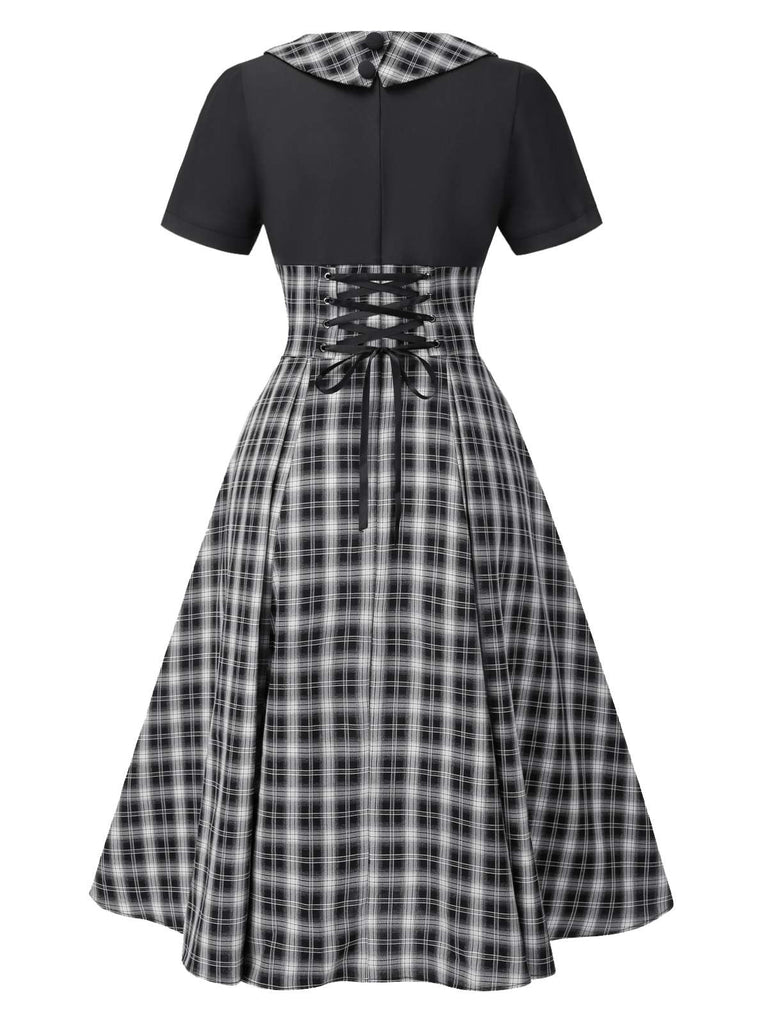 [Pre-Sale] Black 1950s Lapel Pleated Plaid Patchwork Dress