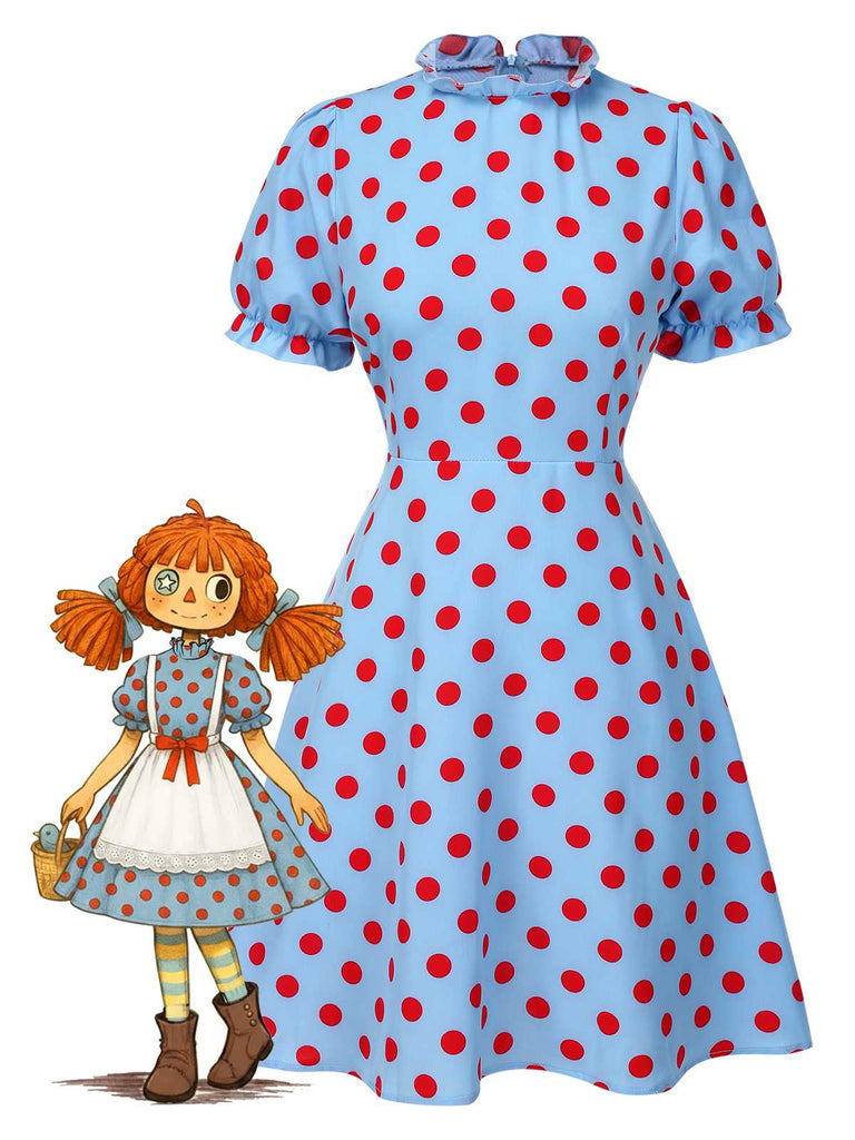 [Pre-Sale] Blue 1940s Polka Dot Ruffled Puff Sleeve Dress