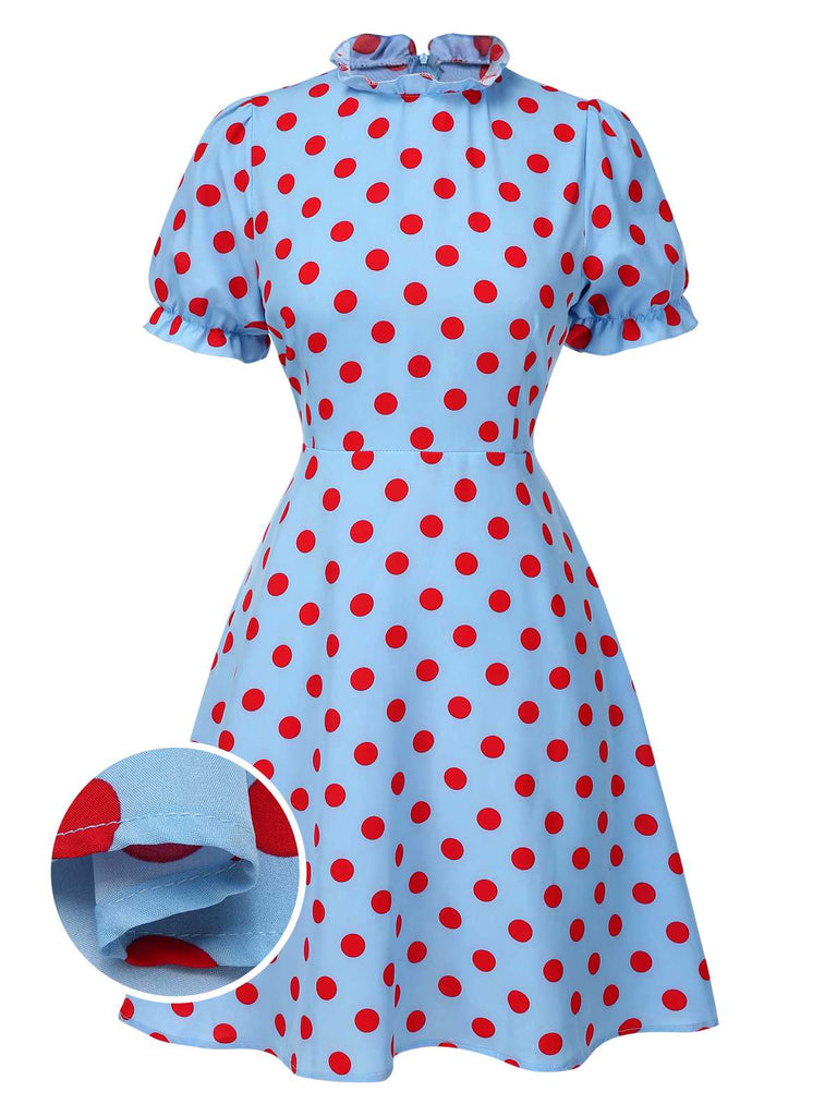[Pre-Sale] Blue 1940s Polka Dot Ruffled Puff Sleeve Dress
