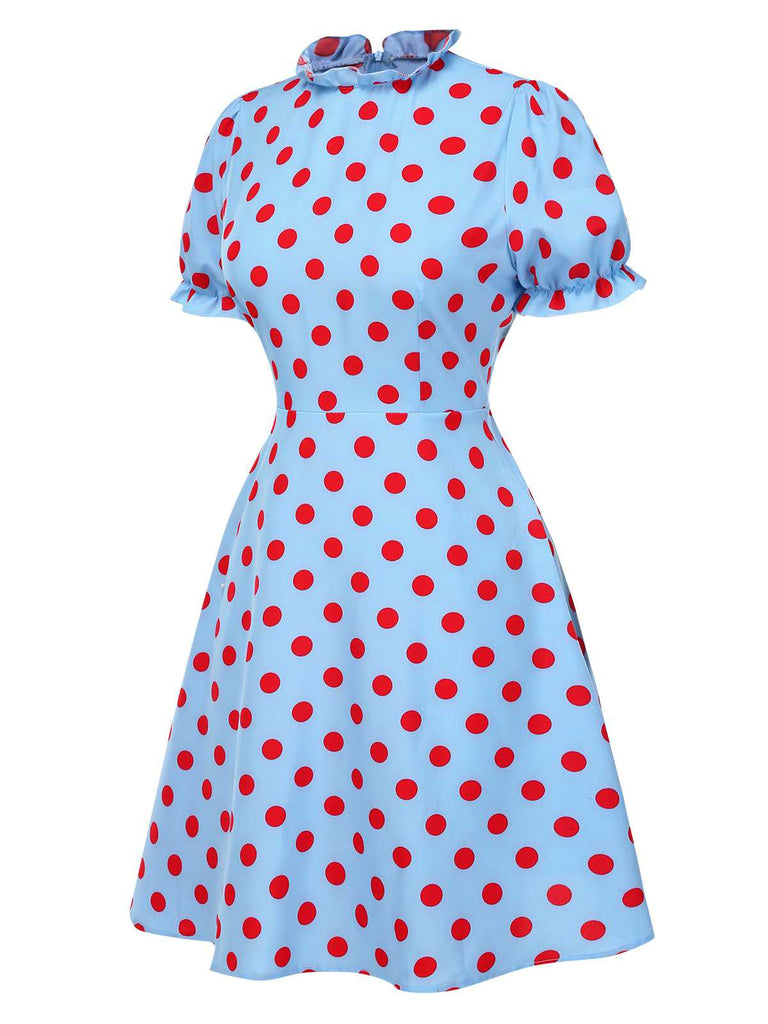 [Pre-Sale] Blue 1940s Polka Dot Ruffled Puff Sleeve Dress