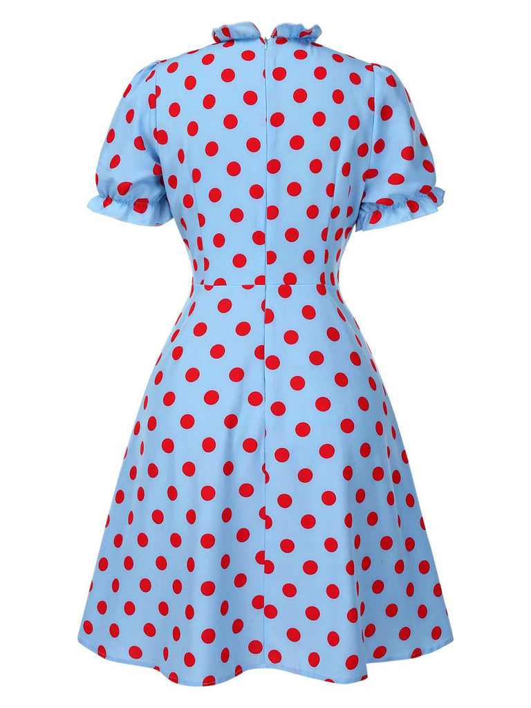 [Pre-Sale] Blue 1940s Polka Dot Ruffled Puff Sleeve Dress