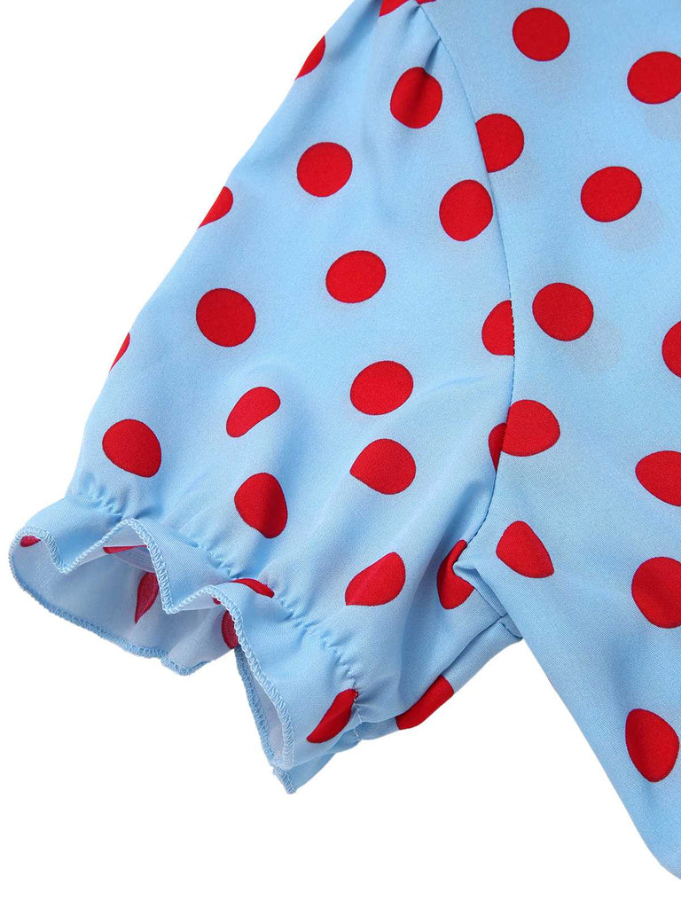 [Pre-Sale] Blue 1940s Polka Dot Ruffled Puff Sleeve Dress