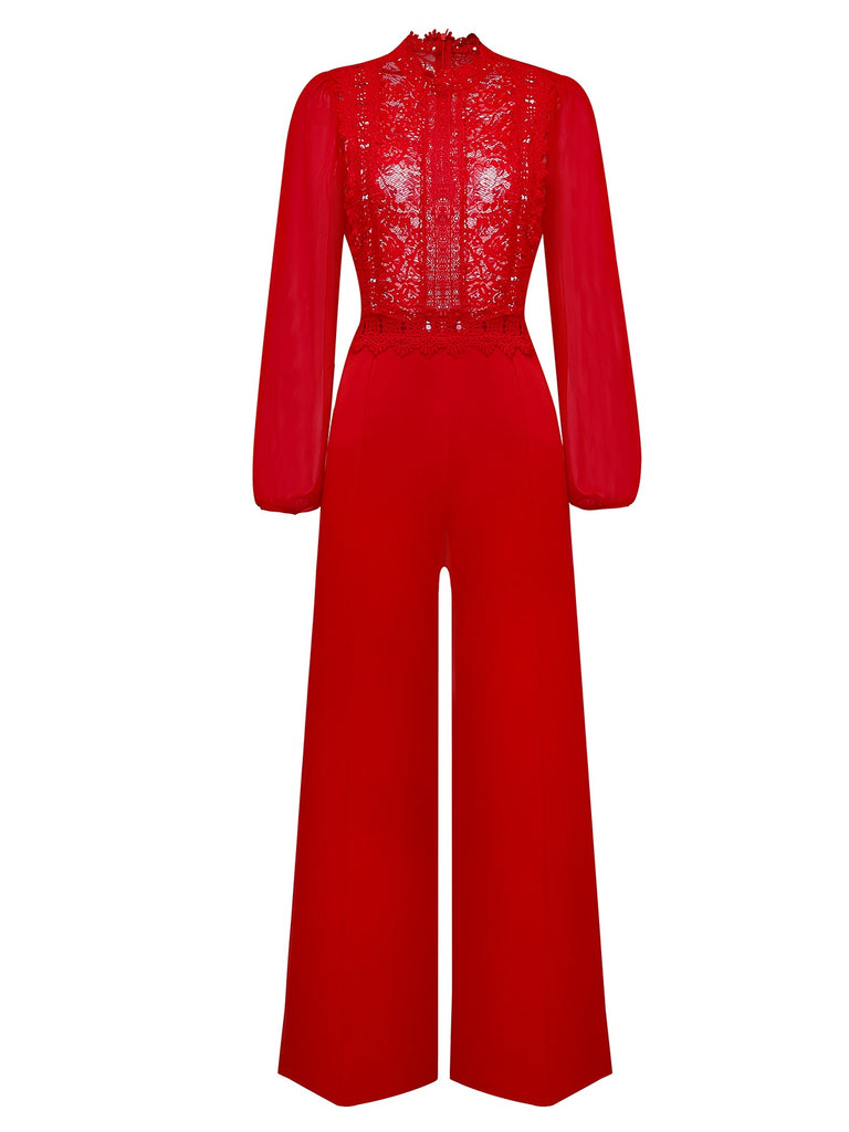 Red 1960s Solid Sheer Lace Long Sleeve Jumpsuit