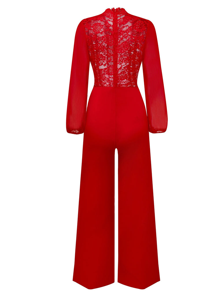 Red 1960s Solid Sheer Lace Long Sleeve Jumpsuit