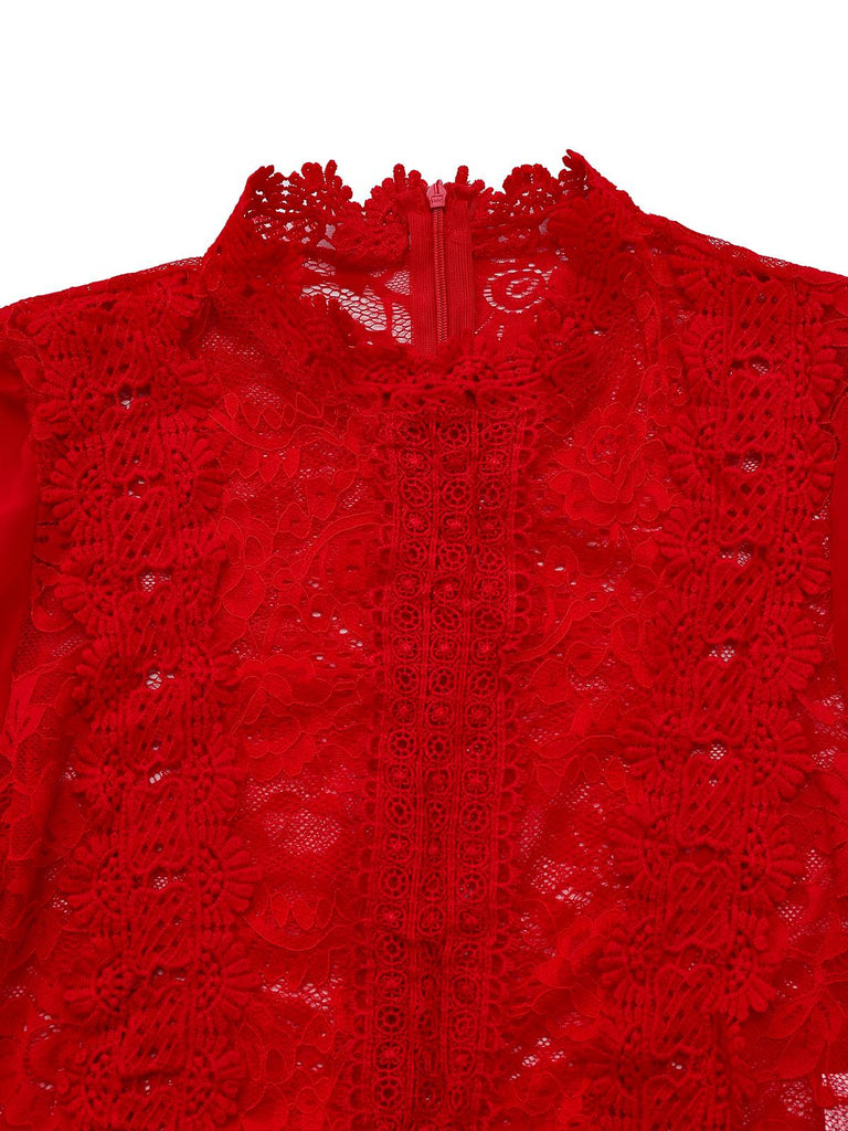 Red 1960s Solid Sheer Lace Long Sleeve Jumpsuit