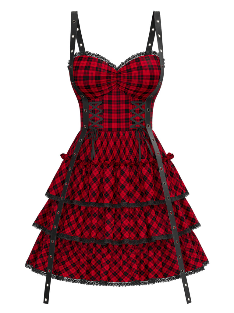 [Pre-Sale] Red 1980s Plaid Gothic Tiered Ruffled Corset Dress
