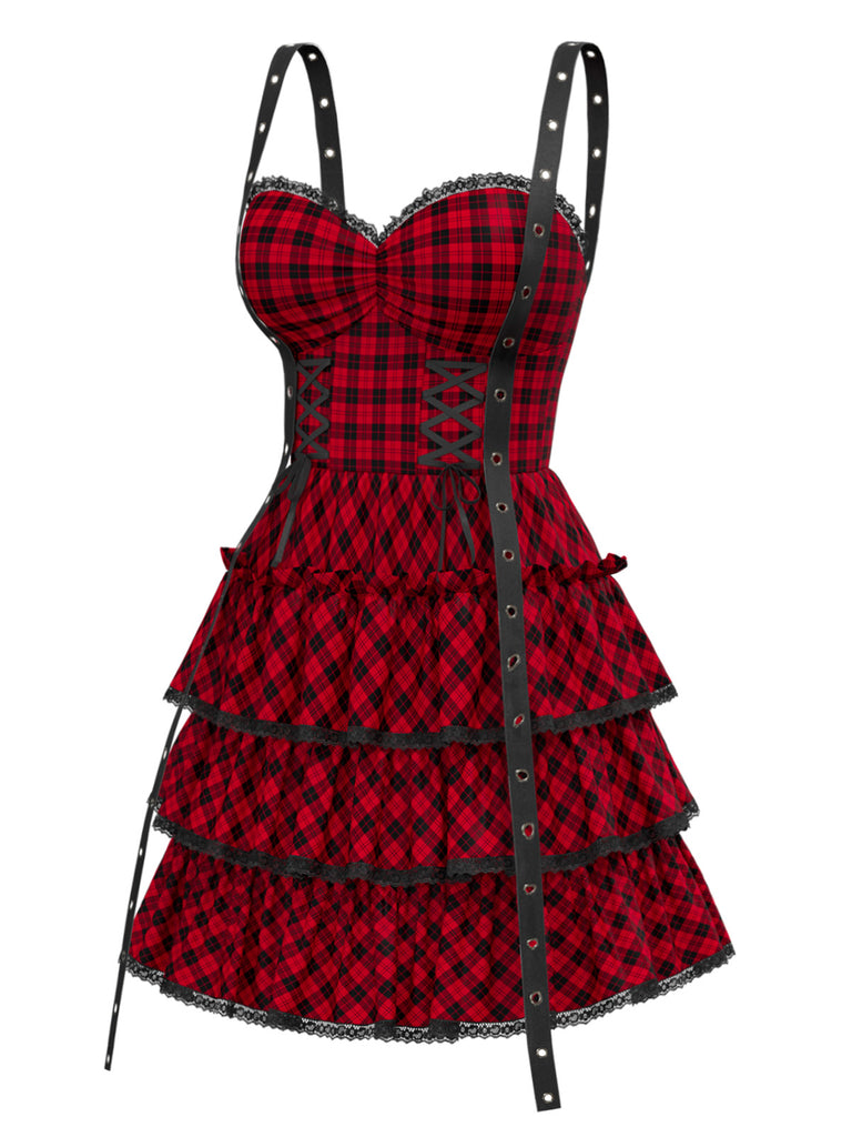 [Pre-Sale] Red 1980s Plaid Gothic Tiered Ruffled Corset Dress