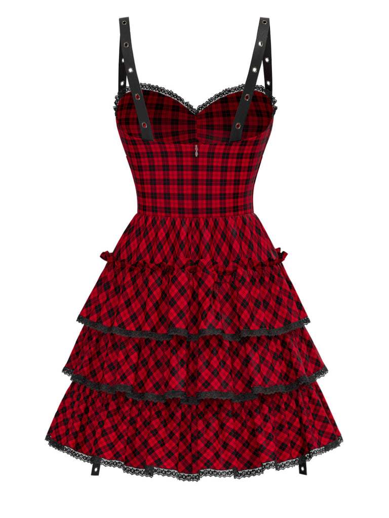 [Pre-Sale] Red 1980s Plaid Gothic Tiered Ruffled Corset Dress